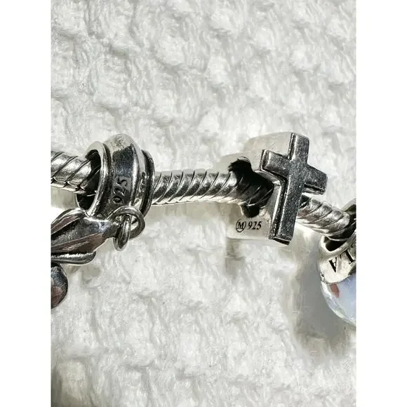 Donatella 925 Silver Charm Bracelet 7 Charms CROSS PRESENT GRADUATION Glass - Picture 6 of 10